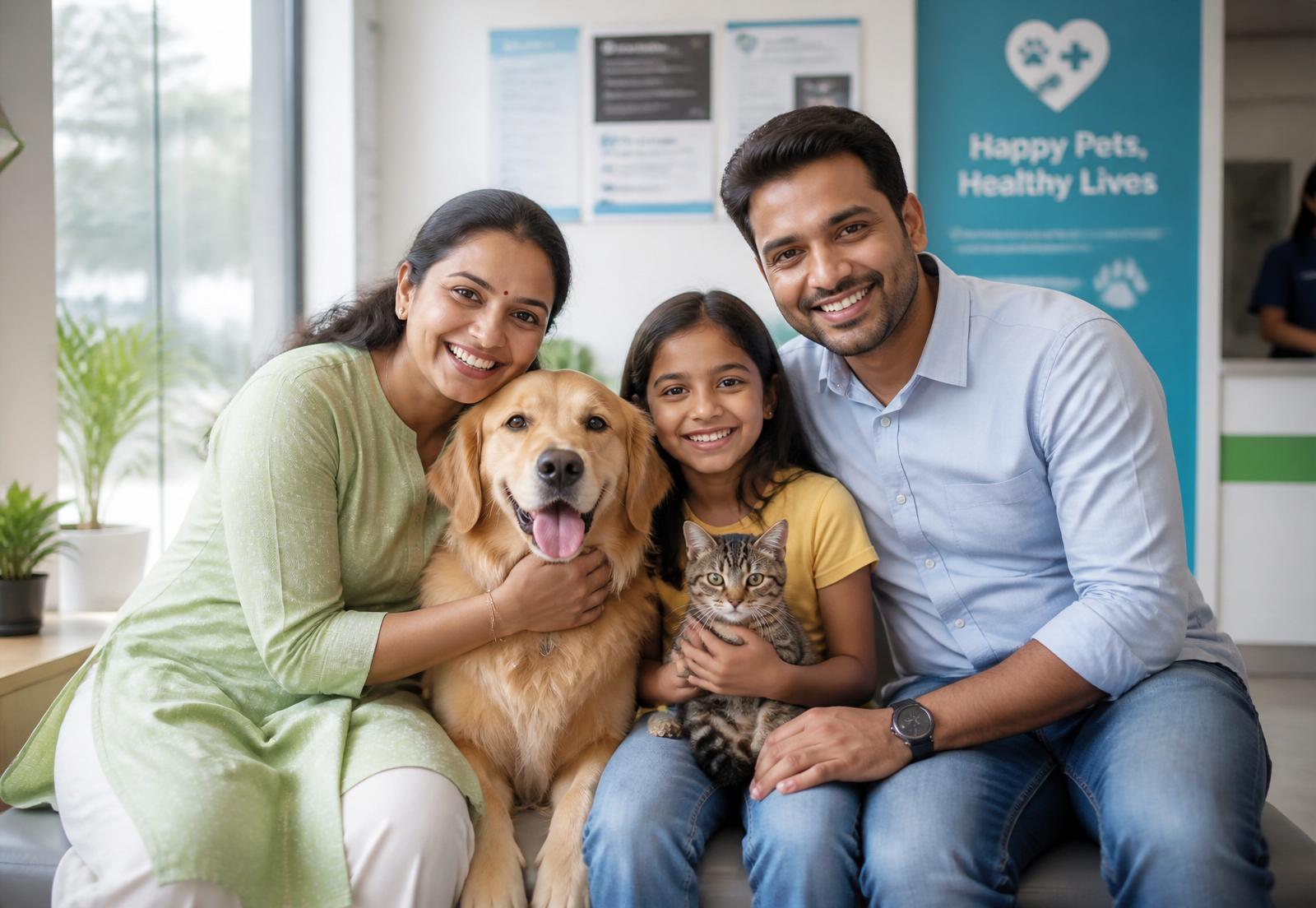 A happy Indian family with their dog and cat at Fur N Paws Pet Clinic